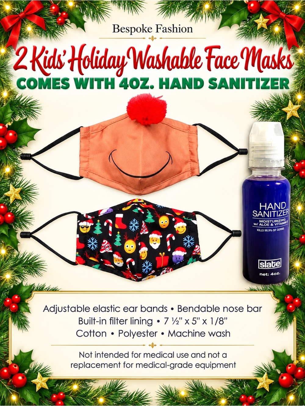 Kids’ 2 HOLIDAY WASHABLE FACE MASKS NEW